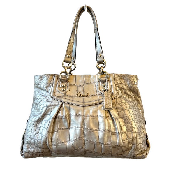 Coach Authentic Ashley Silver Croc Embossed Leather Large Carryall Shoulder Bag - Picture 1 of 16